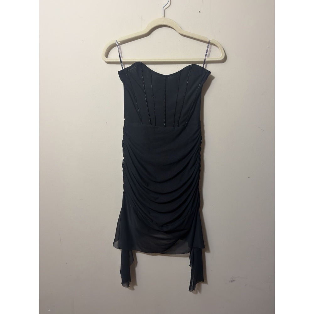 Oh Polly Black Embellished Corset Mini Dress With Sheer Draping Size 6